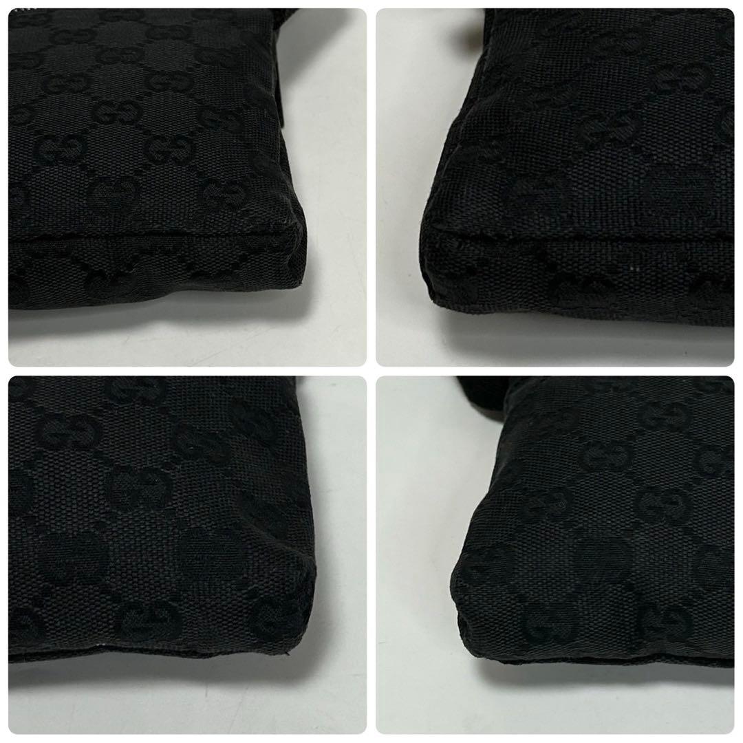 t61【美品】グッチ　GGキャンバス レザー　ブラックウエストポーチショルダー.