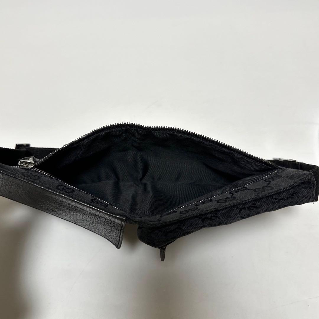 t61【美品】グッチ　GGキャンバス レザー　ブラックウエストポーチショルダー.