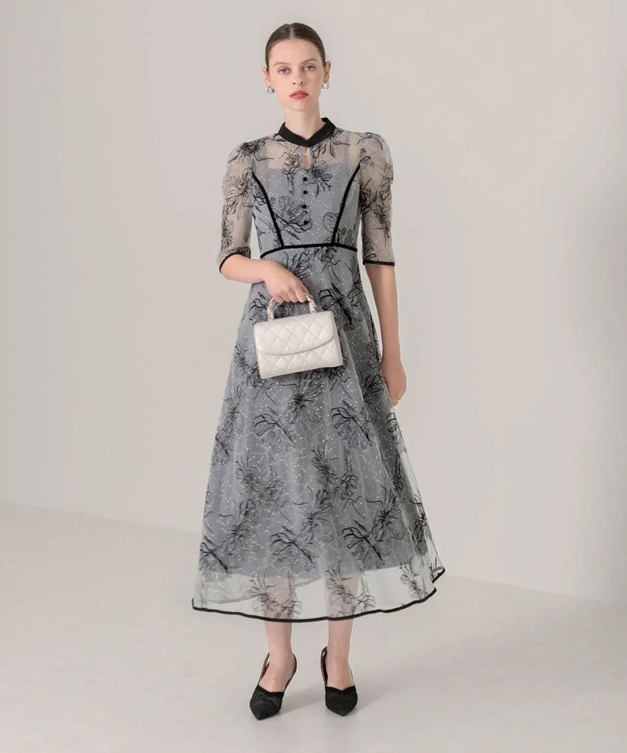 【美品】Leja パイピングハイネック花柄ラメレースワンピースドレス