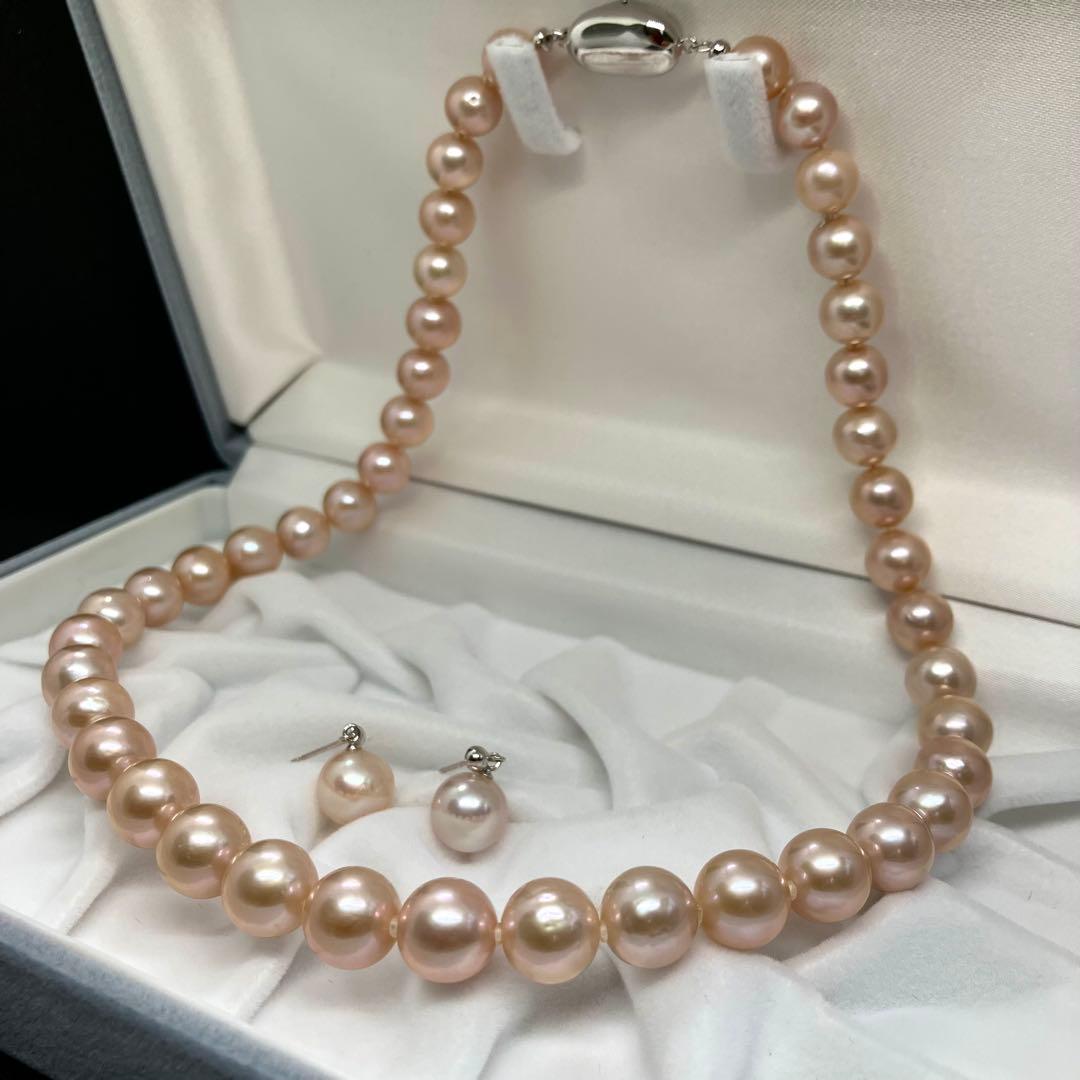 【テリ強】本真珠 大 パール ネックレス ピンク 約8mm-10mm 約43cm