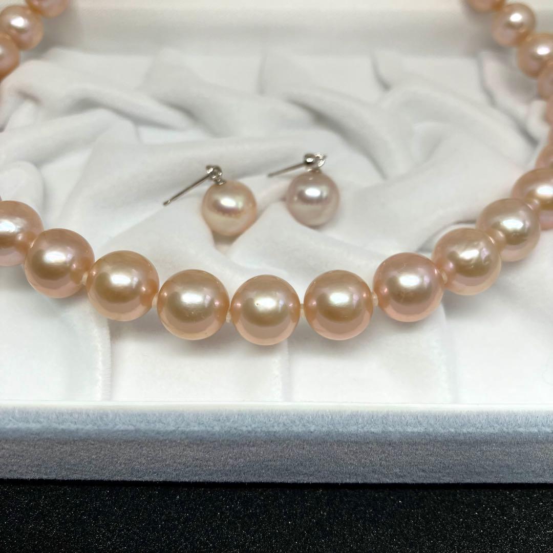 【テリ強】本真珠 大 パール ネックレス ピンク 約8mm-10mm 約43cm