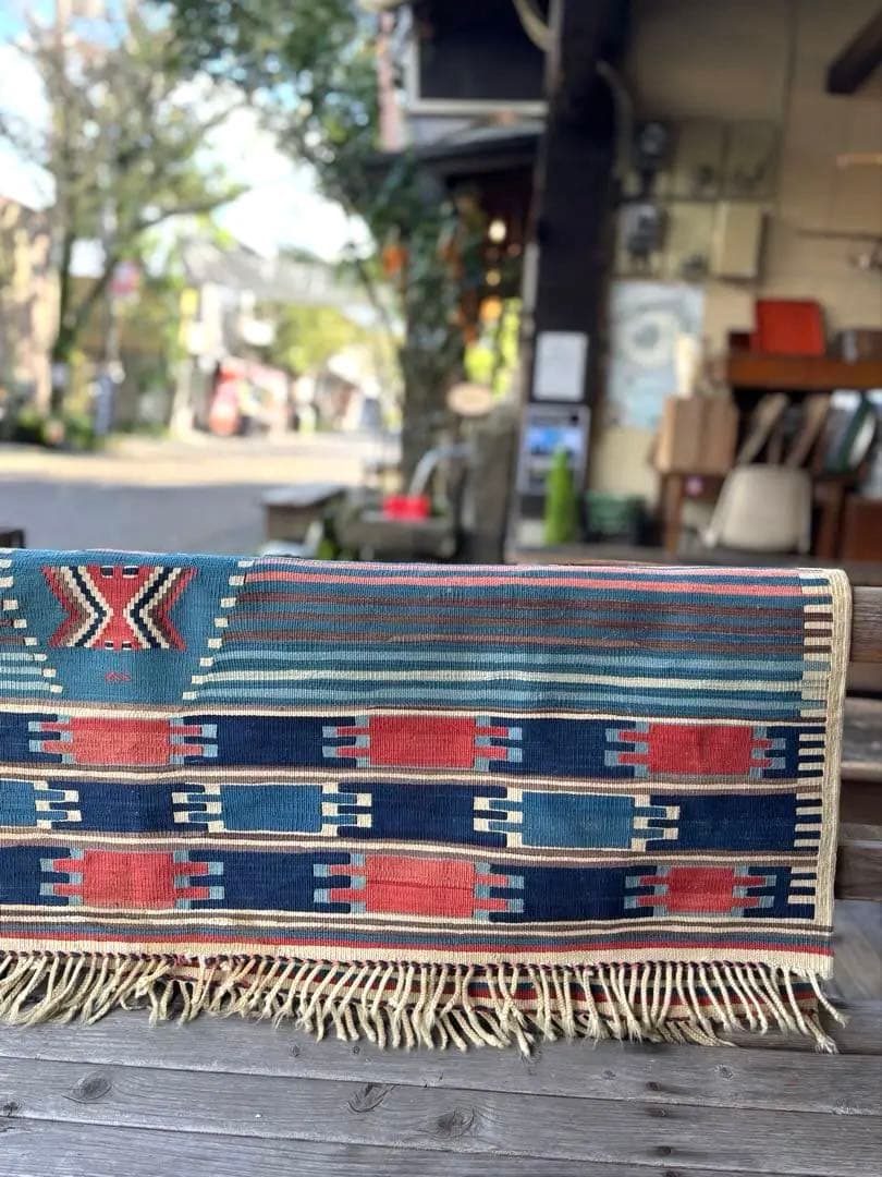 692 アンティークキリム トルコ トライバル インディゴ ラグ 百貨店購入