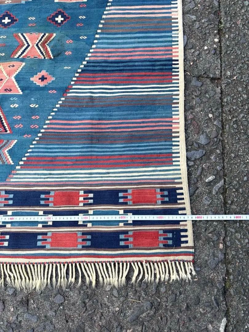 692 アンティークキリム トルコ トライバル インディゴ ラグ 百貨店購入