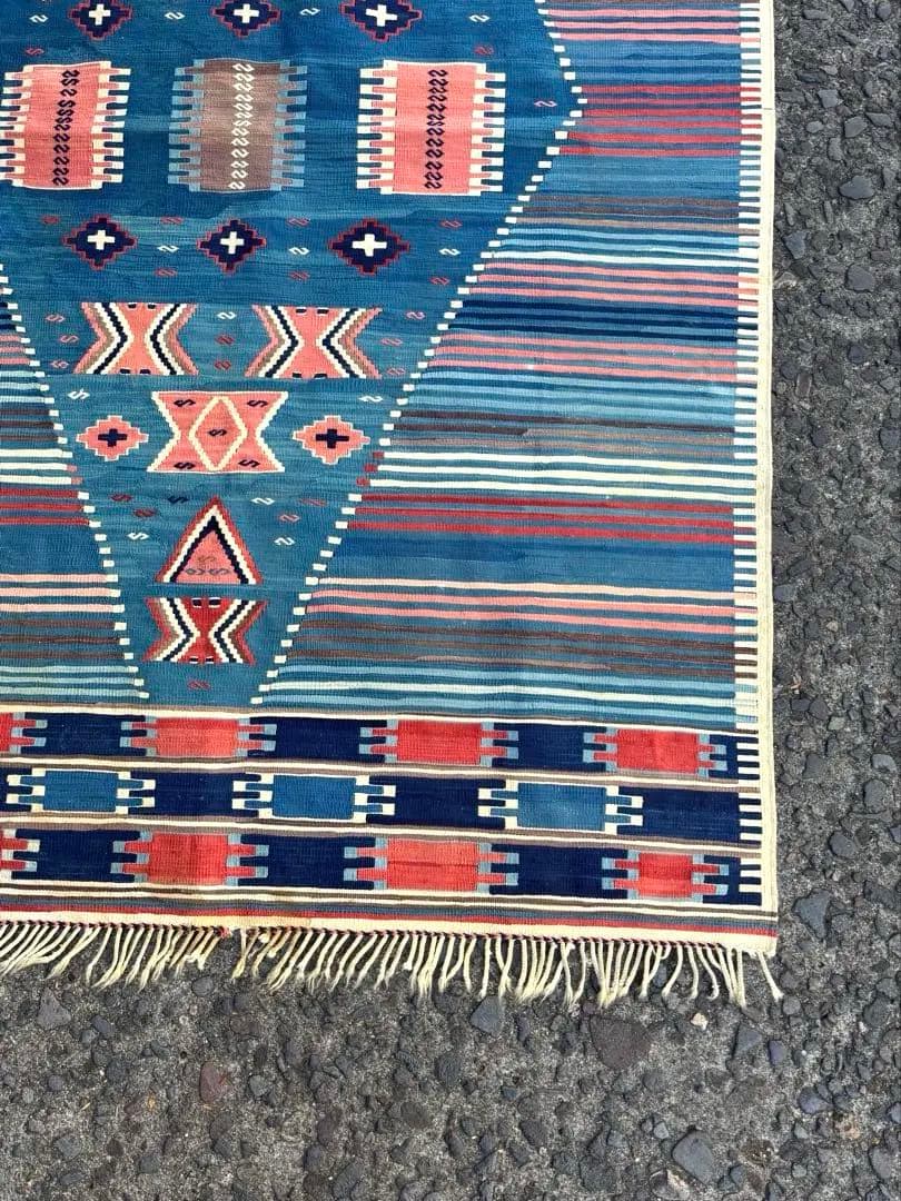 692 アンティークキリム トルコ トライバル インディゴ ラグ 百貨店購入