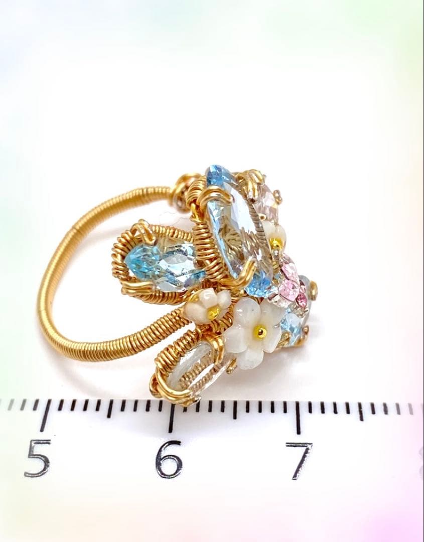 ブルートパーズ ワイヤーアートリング 10kgf ハンドメイド新作 14〜15号