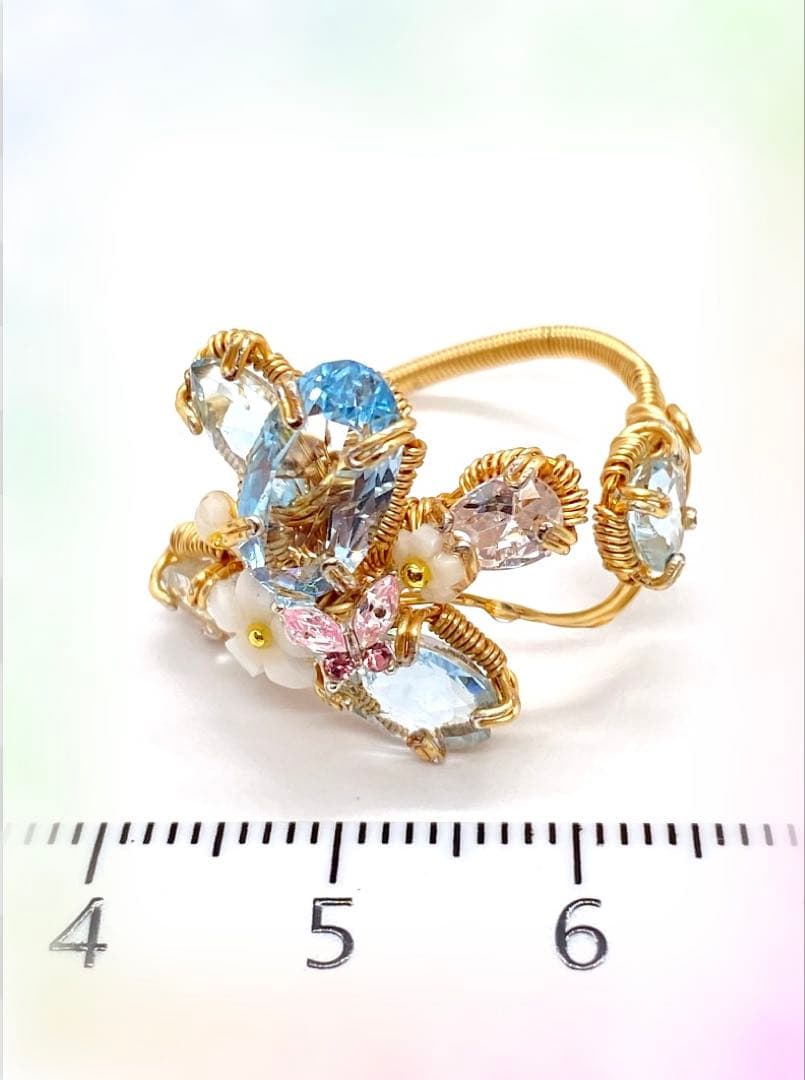 ブルートパーズ ワイヤーアートリング 10kgf ハンドメイド新作 14〜15号