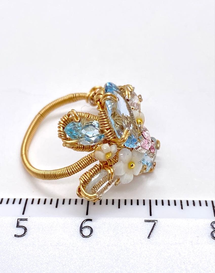 ブルートパーズ ワイヤーアートリング 10kgf ハンドメイド新作 14〜15号