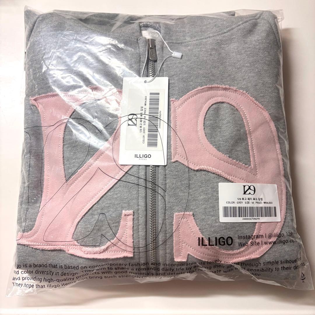 ILLIGO 129 ロゴパッチ フードパーカー ライトグレー ピンク