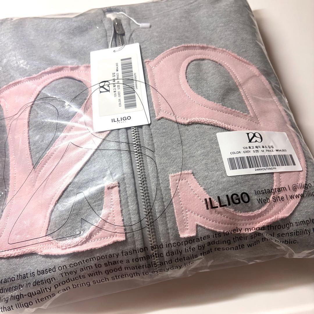 ILLIGO 129 ロゴパッチ フードパーカー ライトグレー ピンク