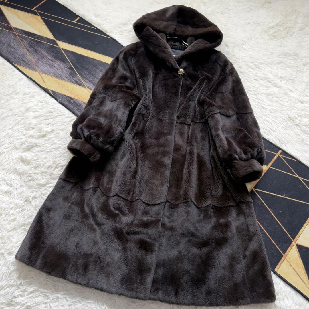 着丈104/激レアデザイン◎ ティアード/フード ロングファーコート 毛皮 XL