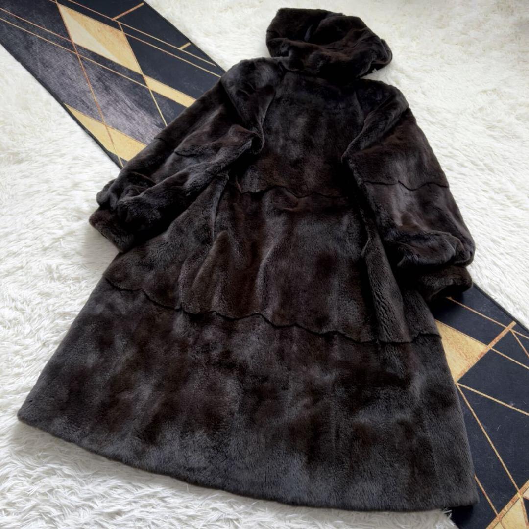 着丈104/激レアデザイン◎ ティアード/フード ロングファーコート 毛皮 XL