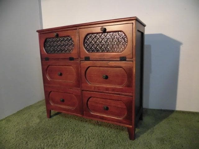 アウトレット送料無料【桐】★レトロモダン天然木ワイドチェスト【ダークブラウン】