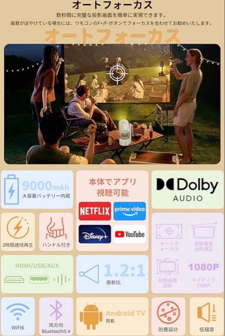 新品　プロジェクター バッテリー内蔵　充電式　オートフォーカス 自動台形補正