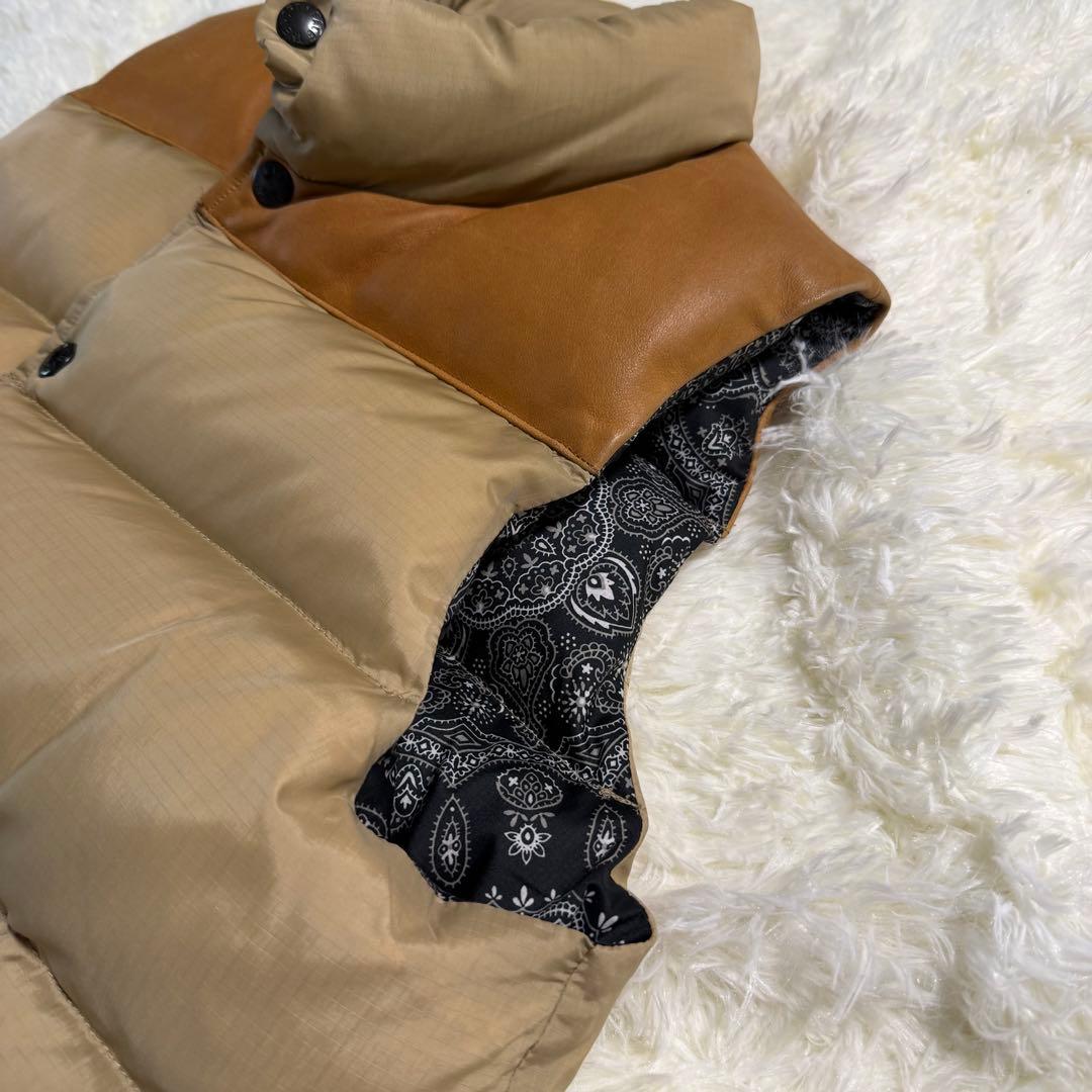 【希少】ノースフェイス パープルレーベル ダウンベスト レザー切替 ペイズリー柄