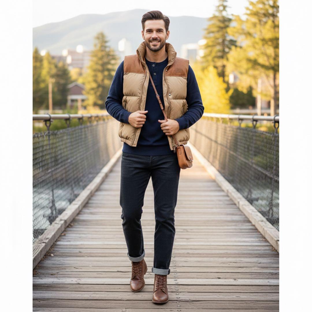 【希少】ノースフェイス パープルレーベル ダウンベスト レザー切替 ペイズリー柄