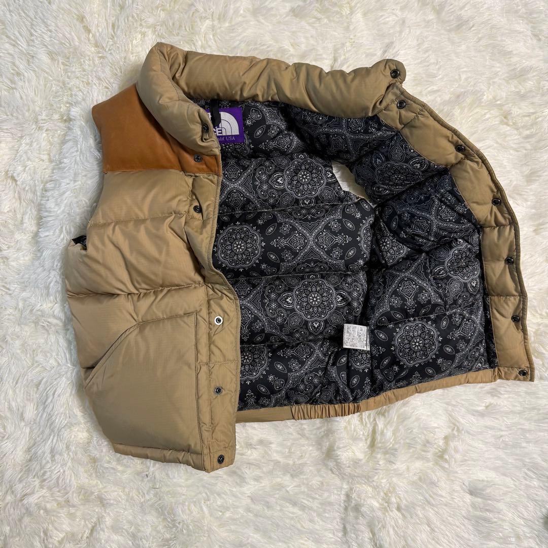 【希少】ノースフェイス パープルレーベル ダウンベスト レザー切替 ペイズリー柄