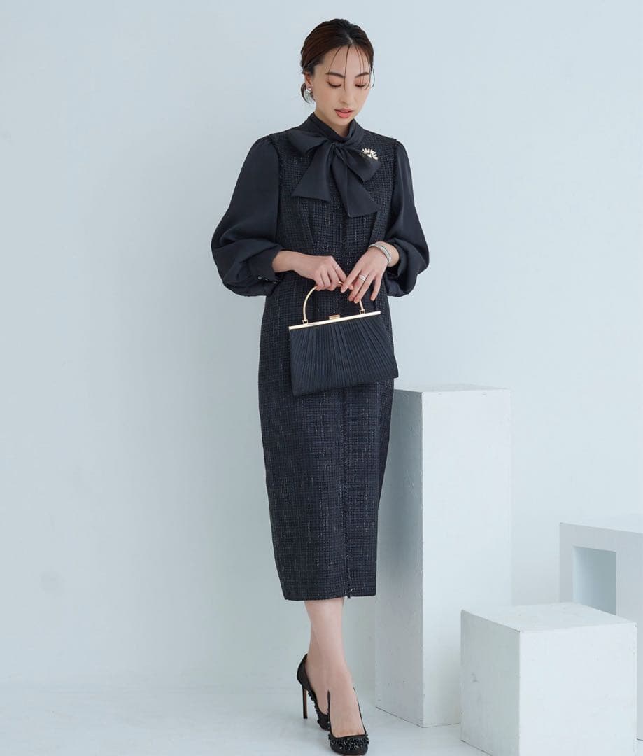 ミックスツイードコンビ・ロングナローワンピースドレス