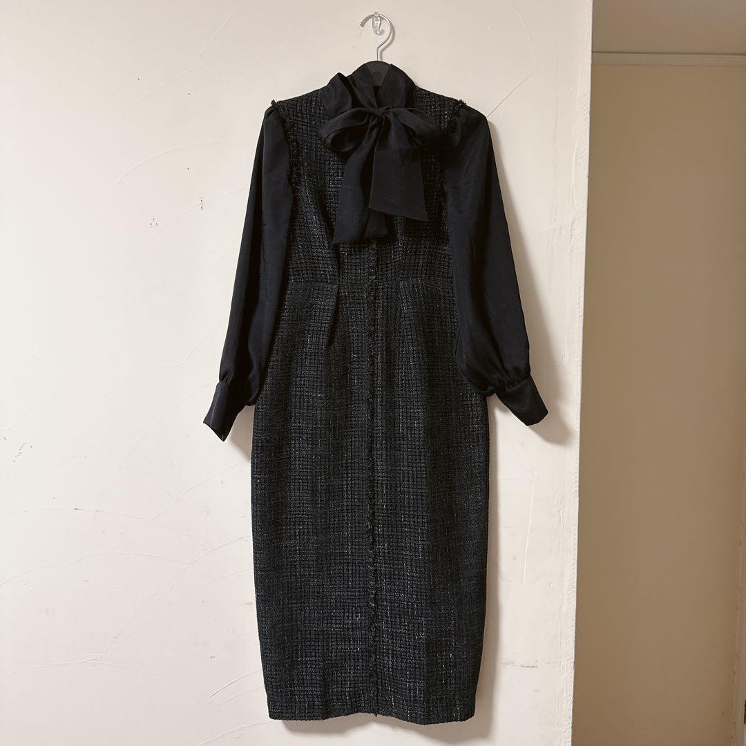 ミックスツイードコンビ・ロングナローワンピースドレス