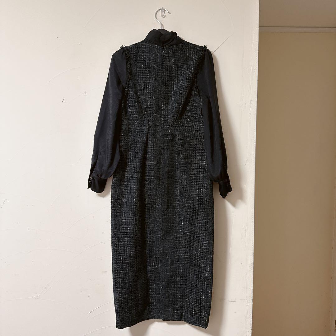 ミックスツイードコンビ・ロングナローワンピースドレス