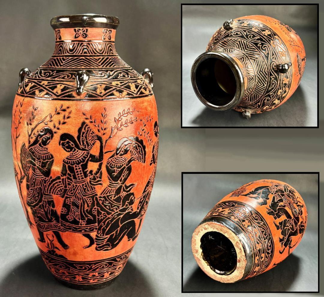 紀元前6～7世紀頃の様式 古代ギリシャ 黒絵式文様入神話文 四耳壺WWTT006