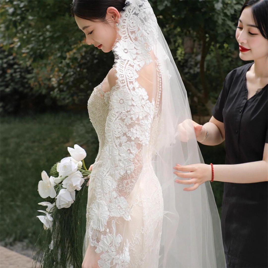 ❤️前撮りに❤️レース長袖 マーメイド風 ウェディングドレス トレーン付 M