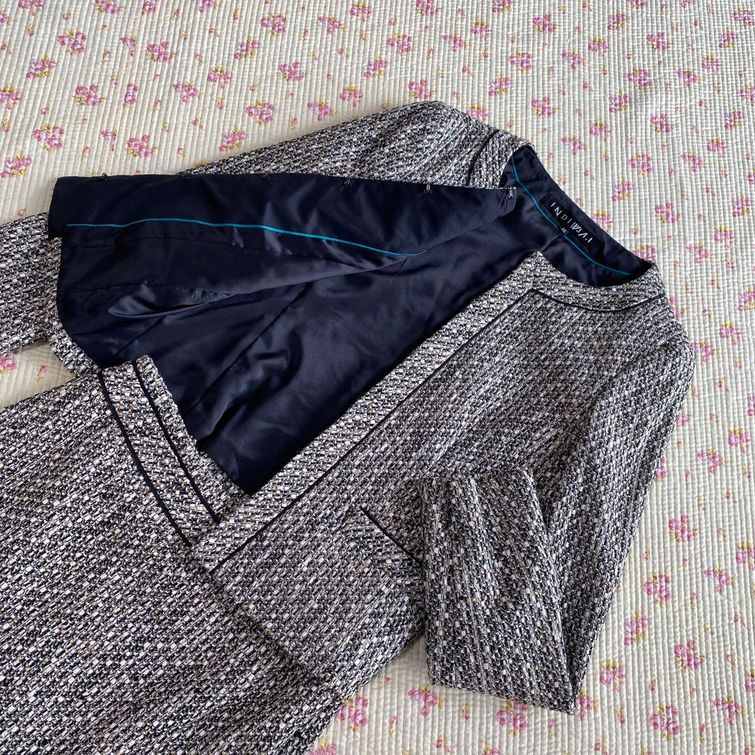 インディヴィ ツイード 秋冬 ノーカラー スーツ 38 W66 DMW