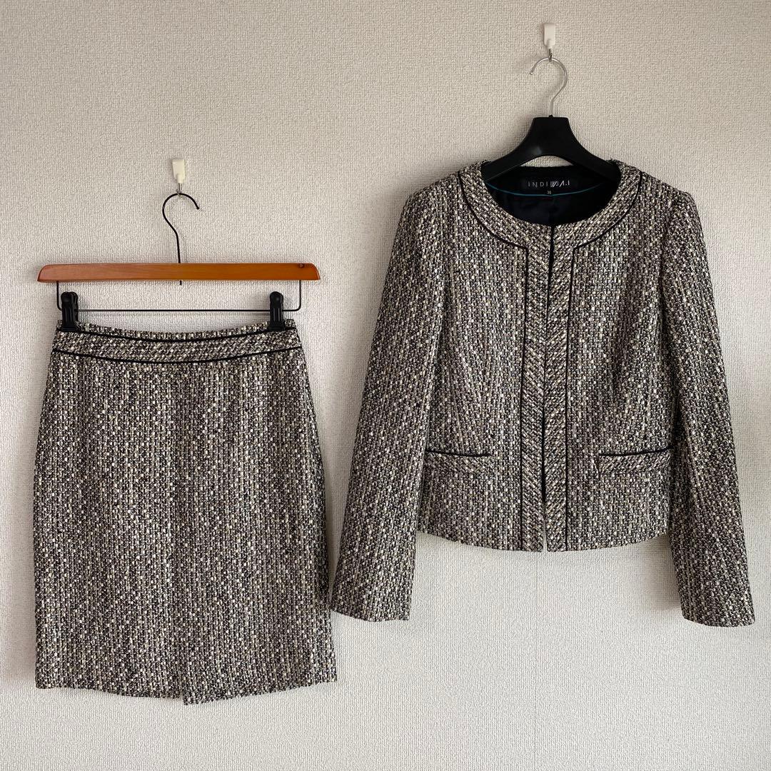 インディヴィ ツイード 秋冬 ノーカラー スーツ 38 W66 DMW