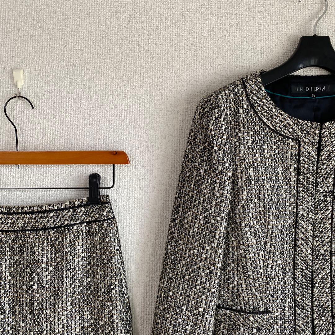 インディヴィ ツイード 秋冬 ノーカラー スーツ 38 W66 DMW