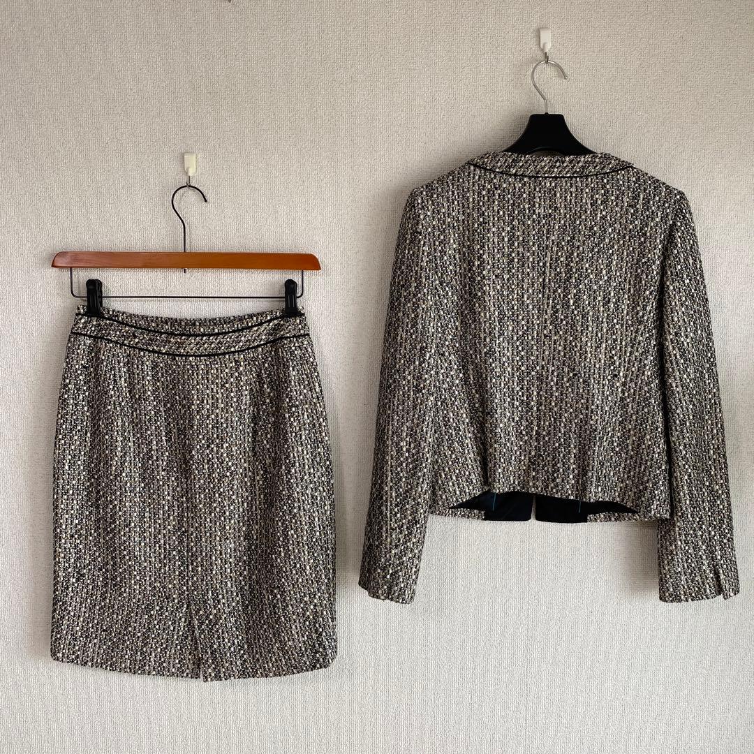 インディヴィ ツイード 秋冬 ノーカラー スーツ 38 W66 DMW