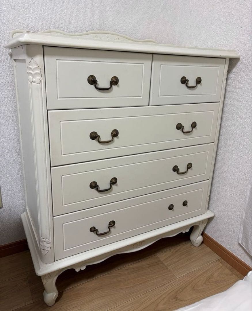 も*送様 アンティーク　ロココ調　ホワイト木製チェスト　フレンチカントリー