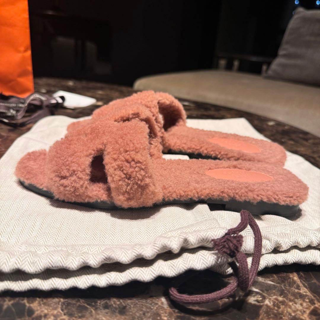 HERMES オラン ボア ムートン Hモチーフ フラット サンダル ミュール