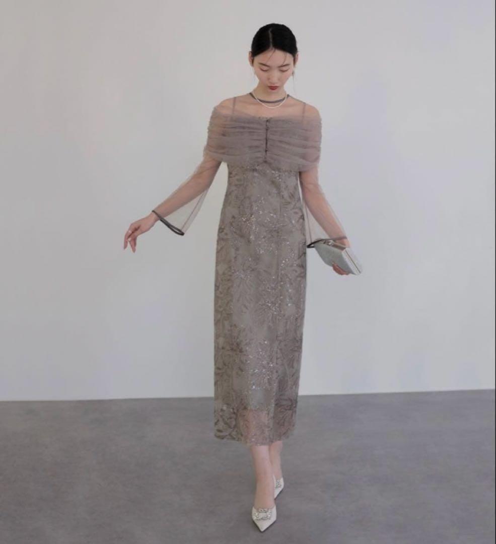 【LEJA】チュールオフショルダー花柄Iラインドレスワンピース 2点セット