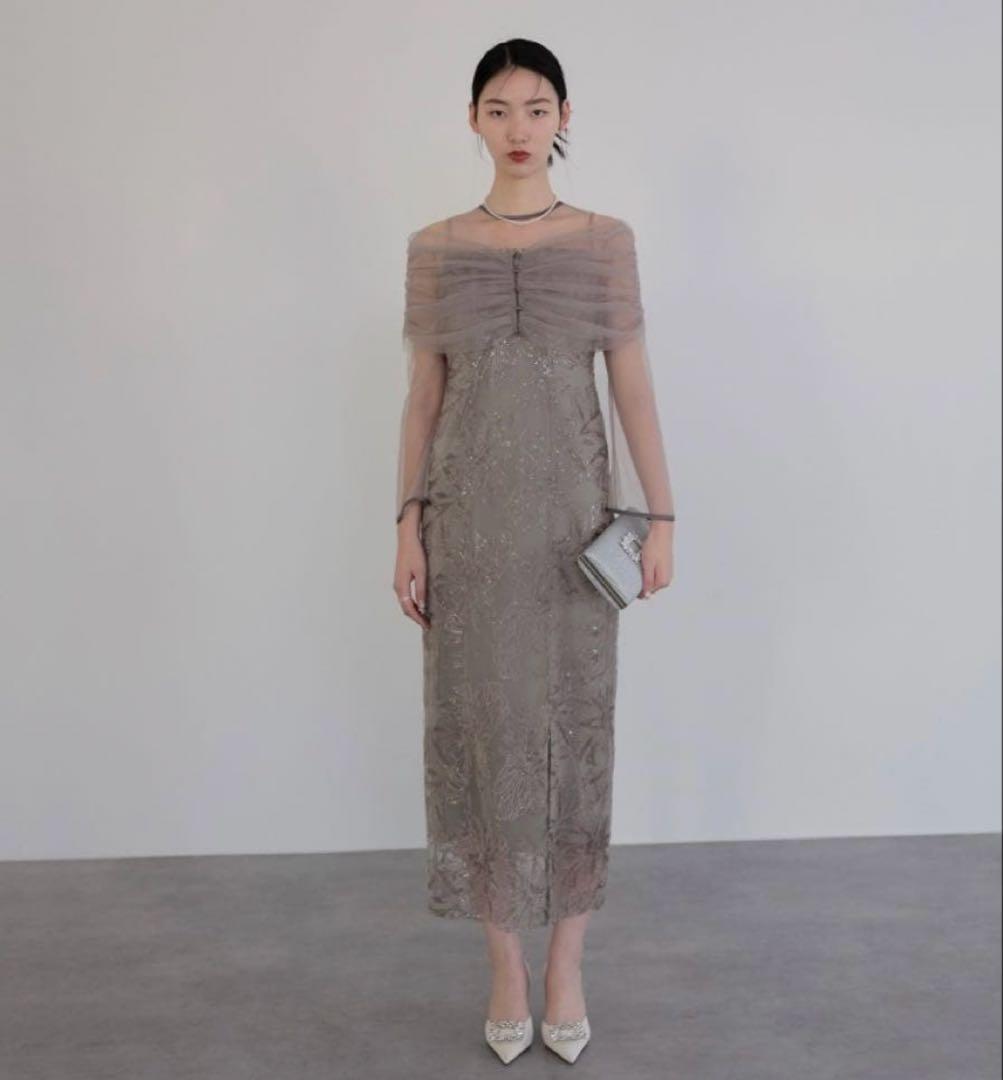 【LEJA】チュールオフショルダー花柄Iラインドレスワンピース 2点セット