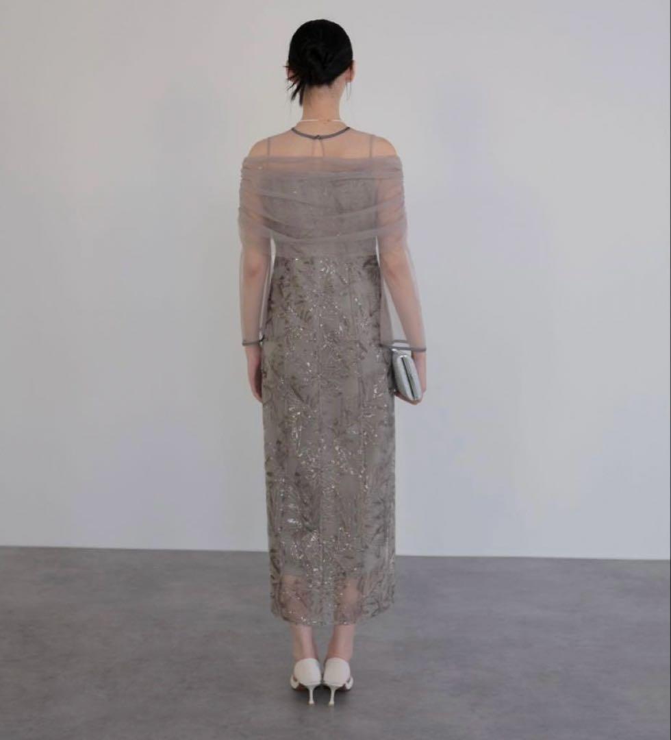 【LEJA】チュールオフショルダー花柄Iラインドレスワンピース 2点セット