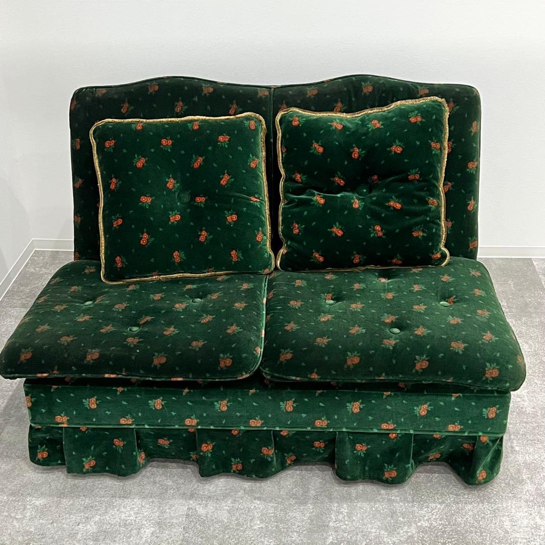 花柄ベルベットソファ 2人掛けソファ 昭和レトロ クッション付き アンティーク