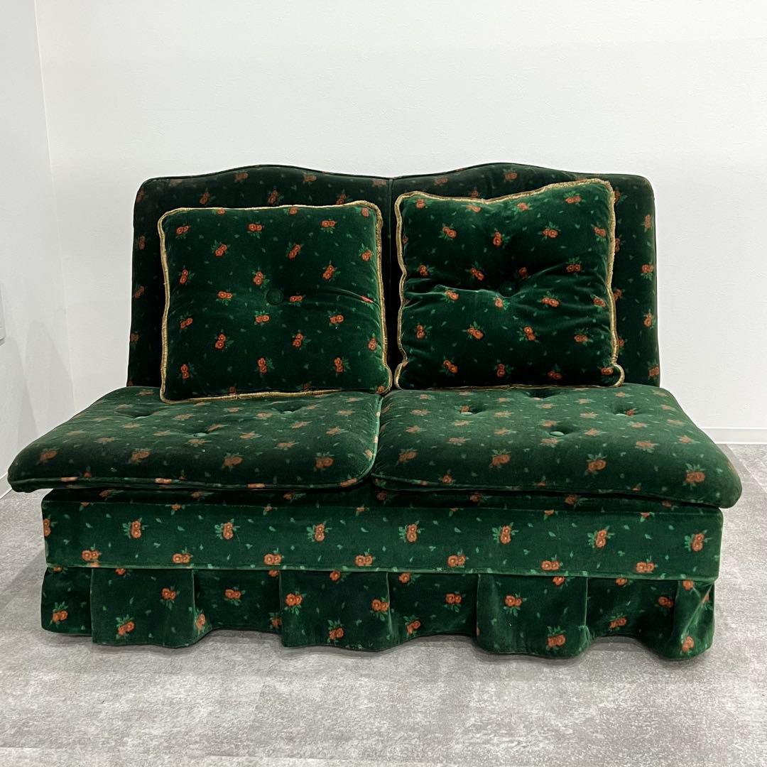 花柄ベルベットソファ 2人掛けソファ 昭和レトロ クッション付き アンティーク