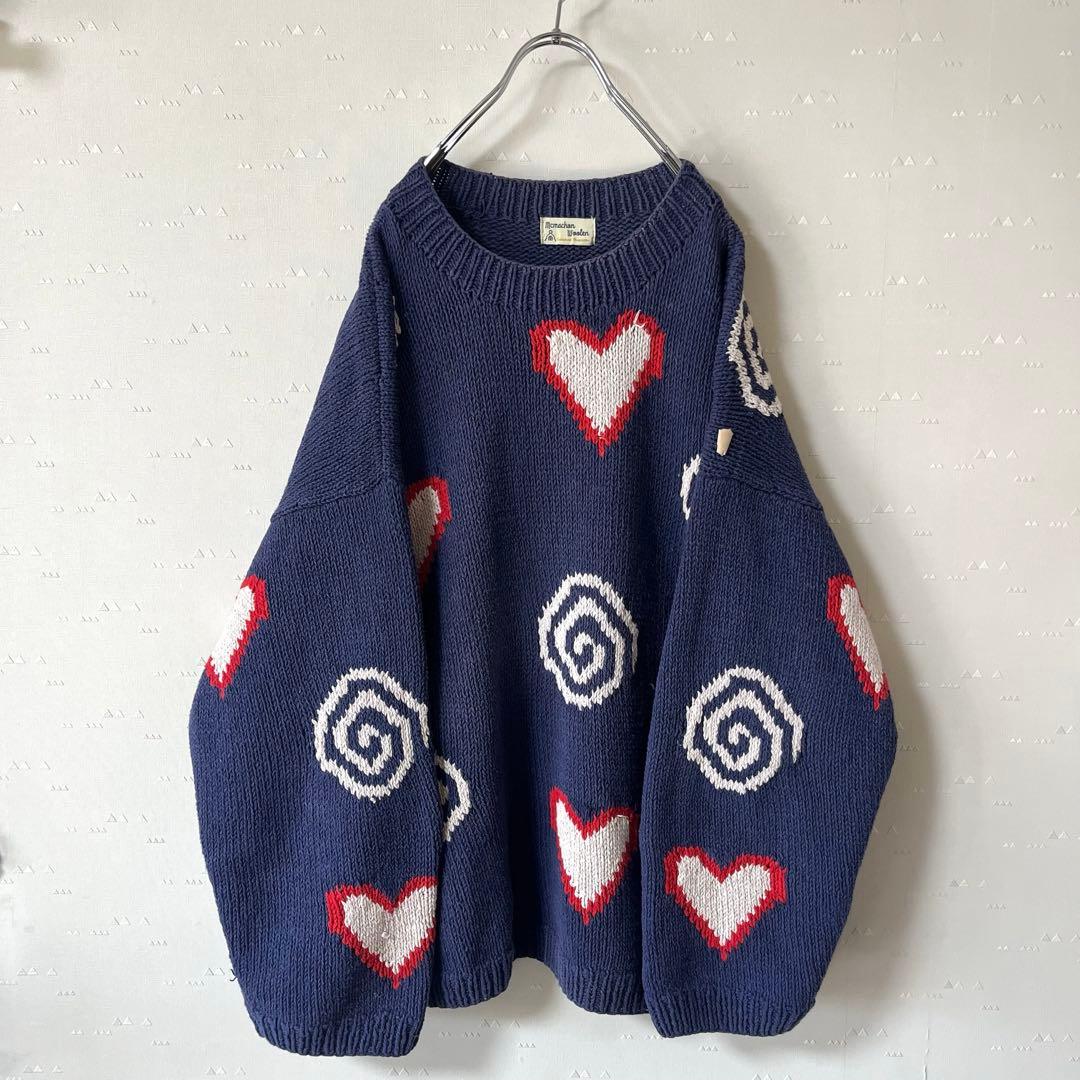 古着 マクマホーン エクアドルニット コットンニット ハート 茄子紺