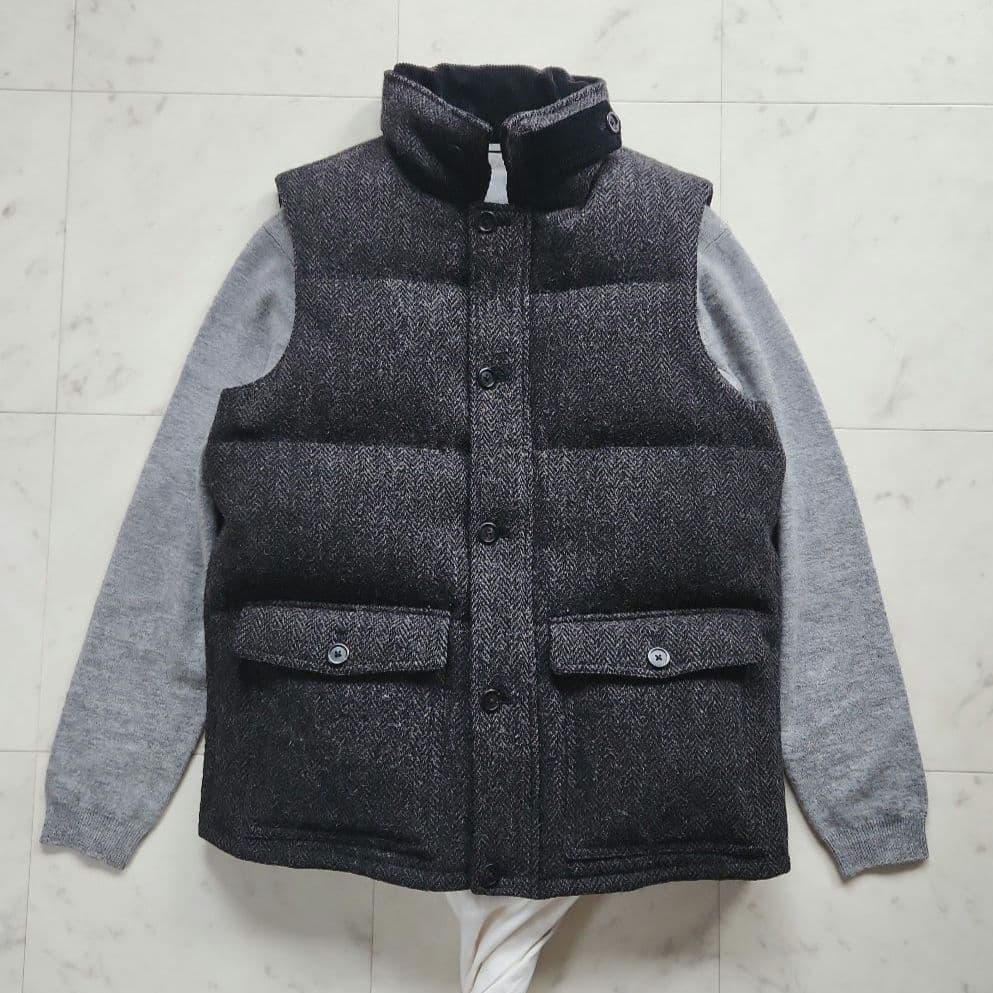 マーガレットハウエル 毛100% ダウンベスト 黒系 ハリスツイード Lサイズ