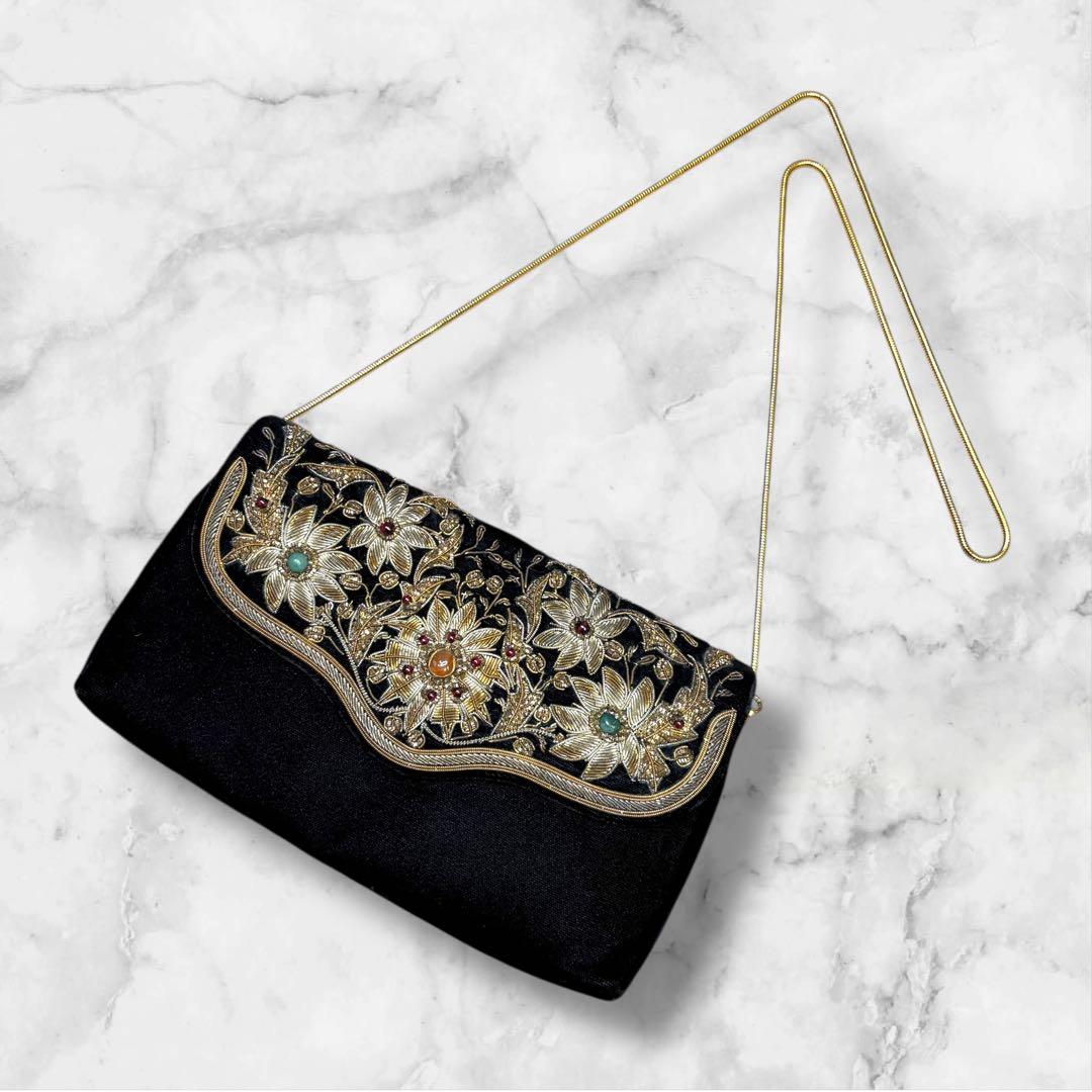 【極美品】皇室御用達 Lumyはしもと ビーズバッグ パーティー 刺繍 天然石