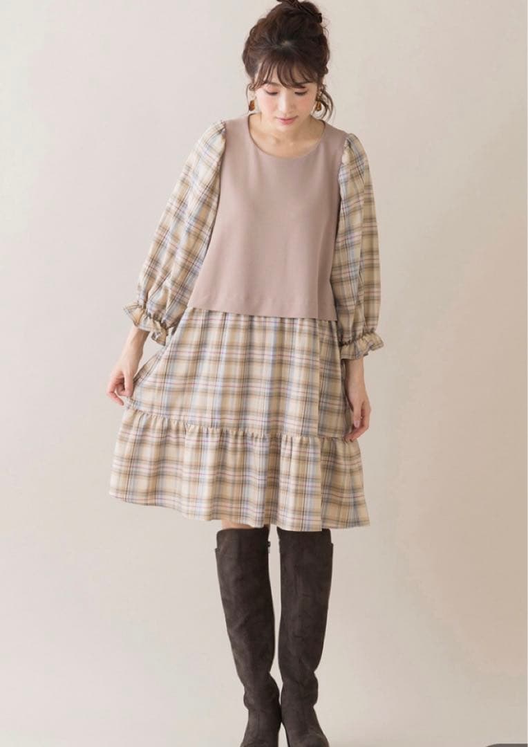 美品ローズティアラチェック切替ドッキングチュニックワンピ大きいサイズ46ベージュ