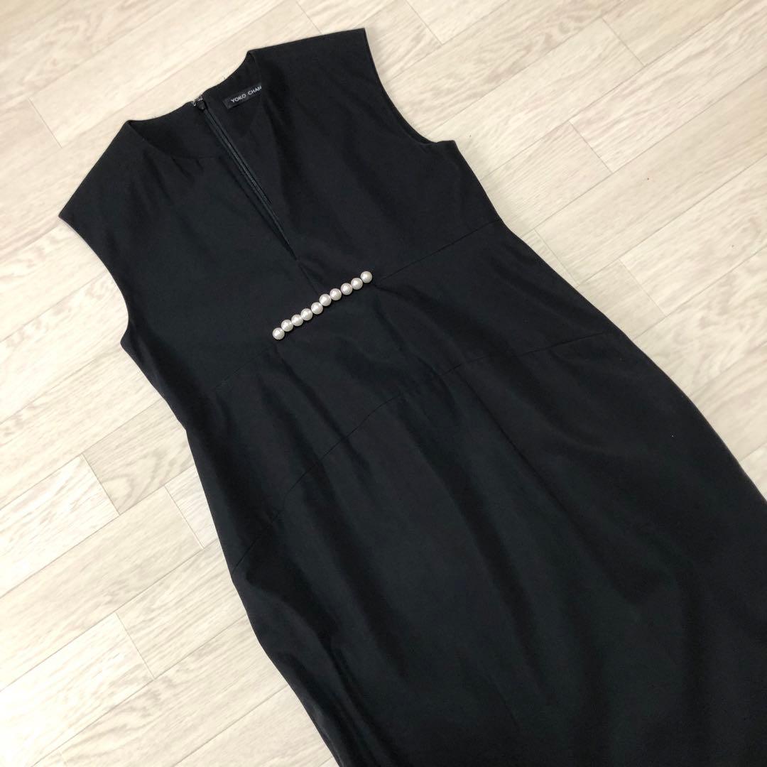 ヨーコチャン ウエストパール付　ノースリーブワンピース 膝丈　ブラック