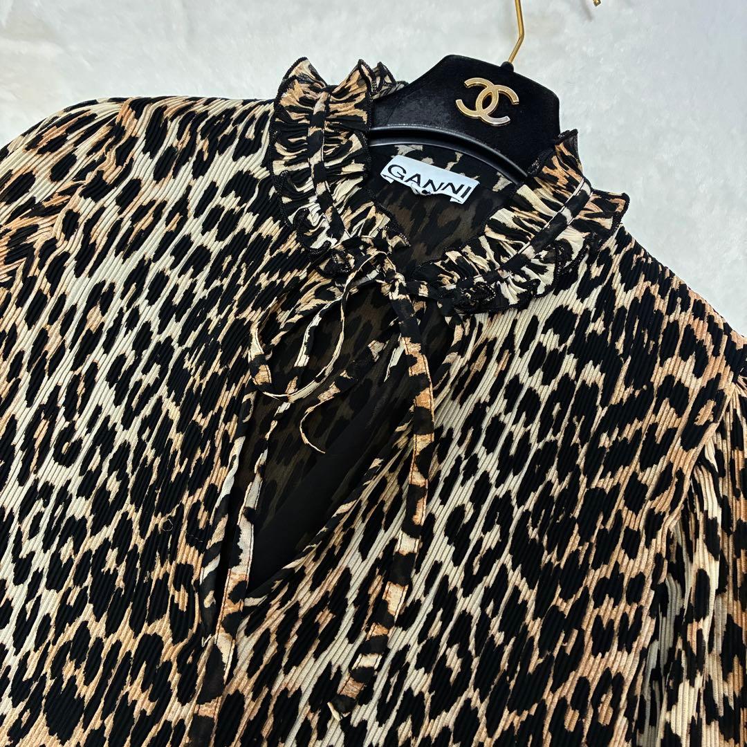 GANNI フリル襟 リボンタイ レオパード チュニックワンピース