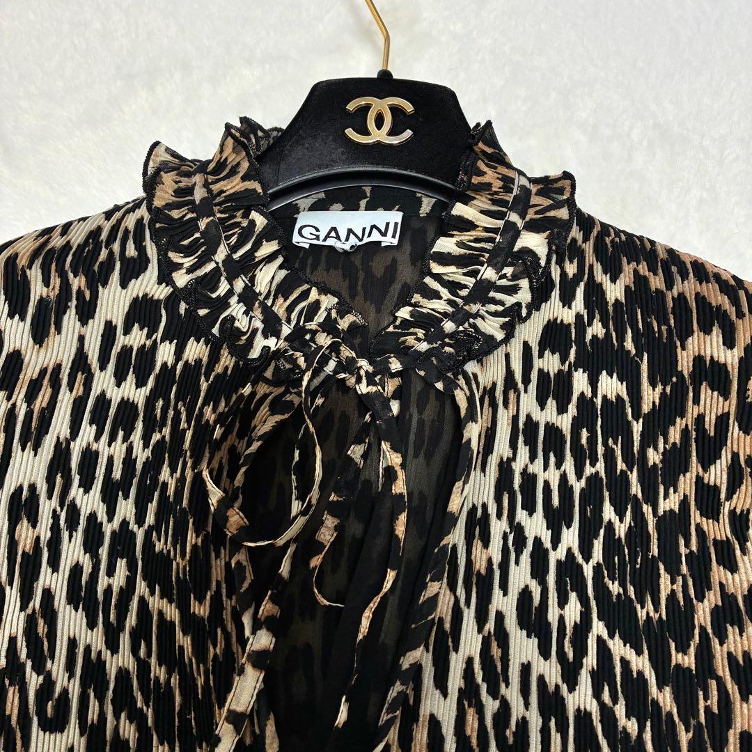GANNI フリル襟 リボンタイ レオパード チュニックワンピース