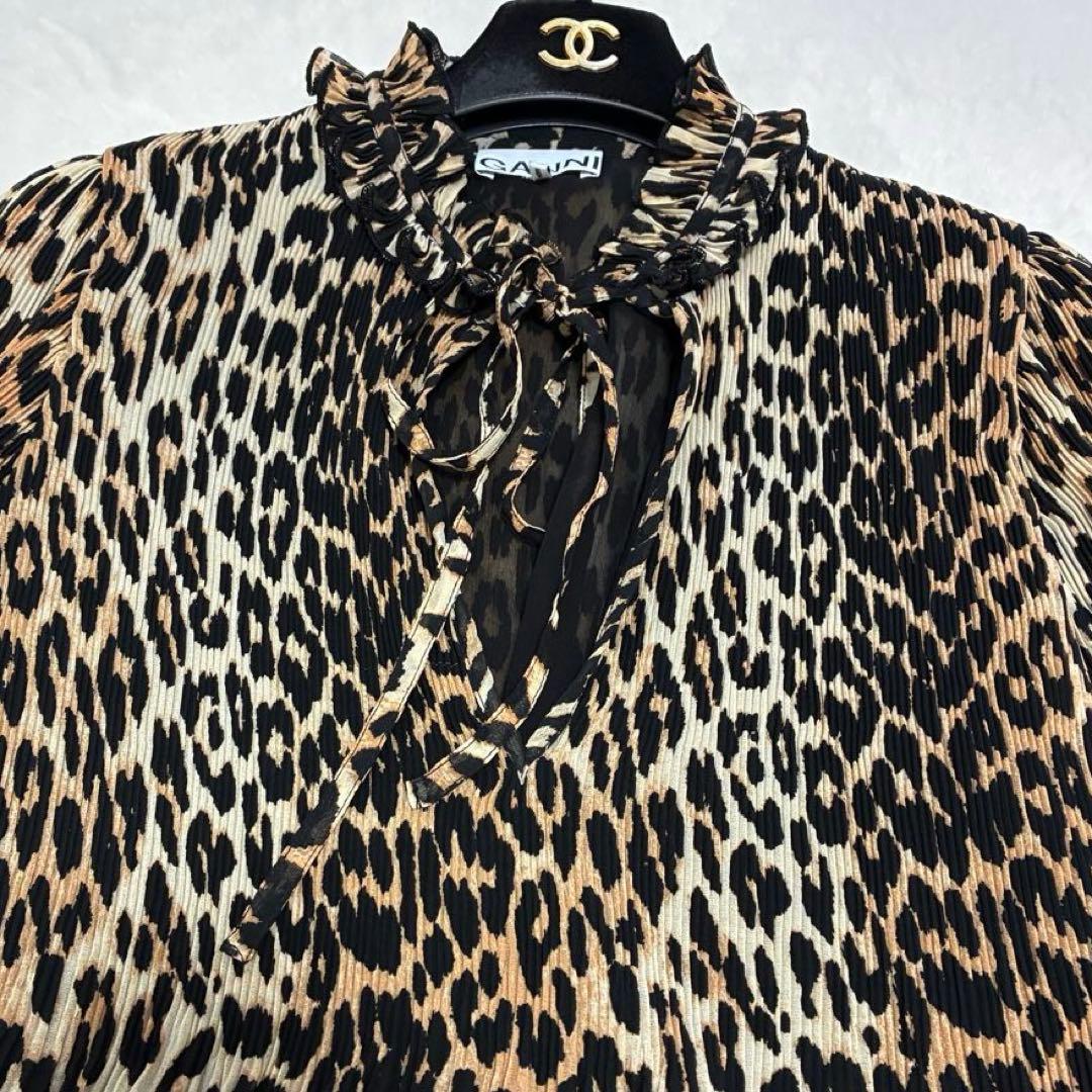 GANNI フリル襟 リボンタイ レオパード チュニックワンピース