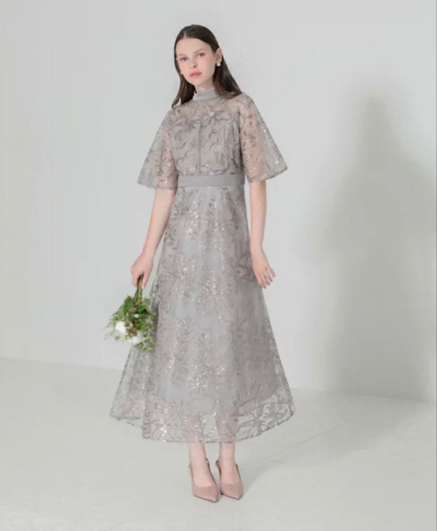 【LEJA】スパンコール花柄刺繍Aラインワンピースドレス／レジャ（Leja）