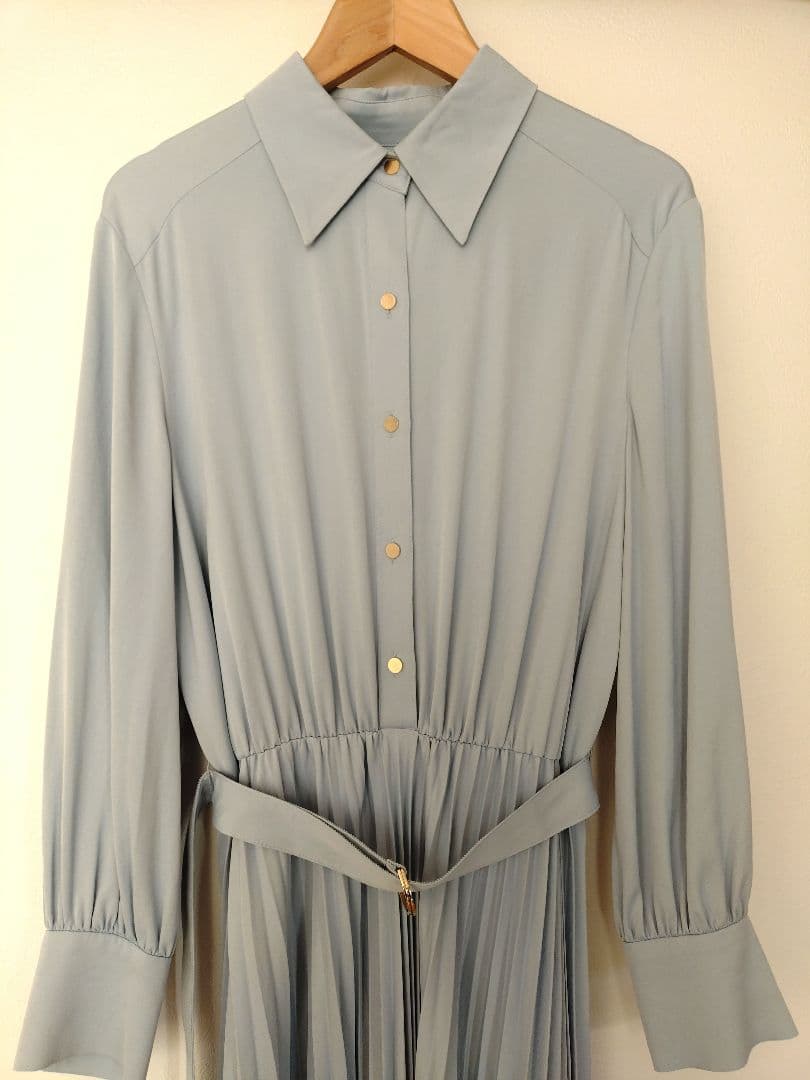 アナイ　ライトブルー プリーツ 長袖シャツワンピース　M 38