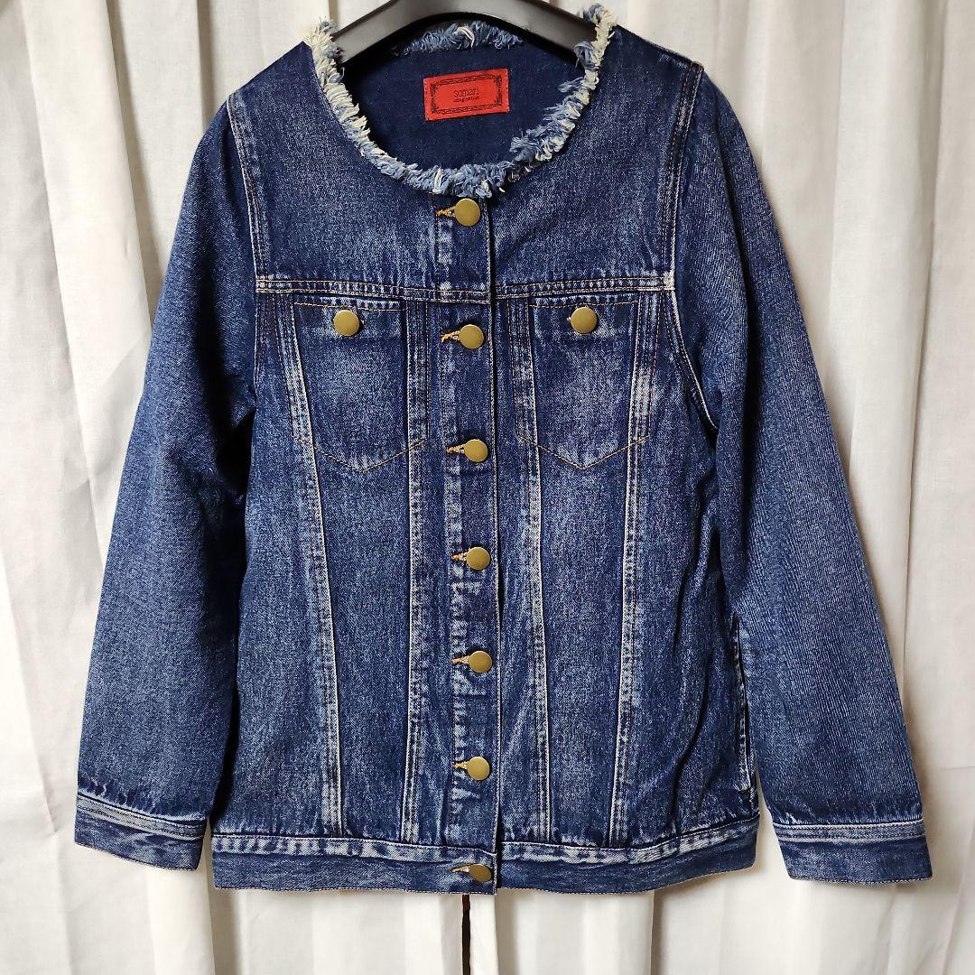somari ヴィンテージ風デニムジャケット Gジャン ノーカラー フリンジ