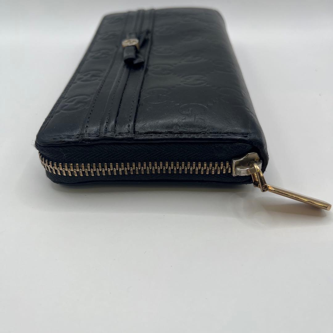 鑑定済　GUCCI グッチ ラウンドファスナー財布 GG リボン シマレザー