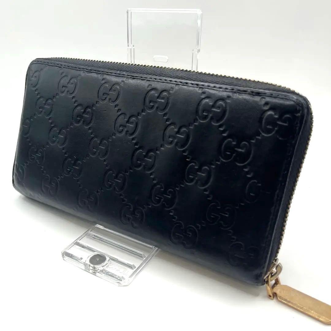 鑑定済　GUCCI グッチ ラウンドファスナー財布 GG リボン シマレザー
