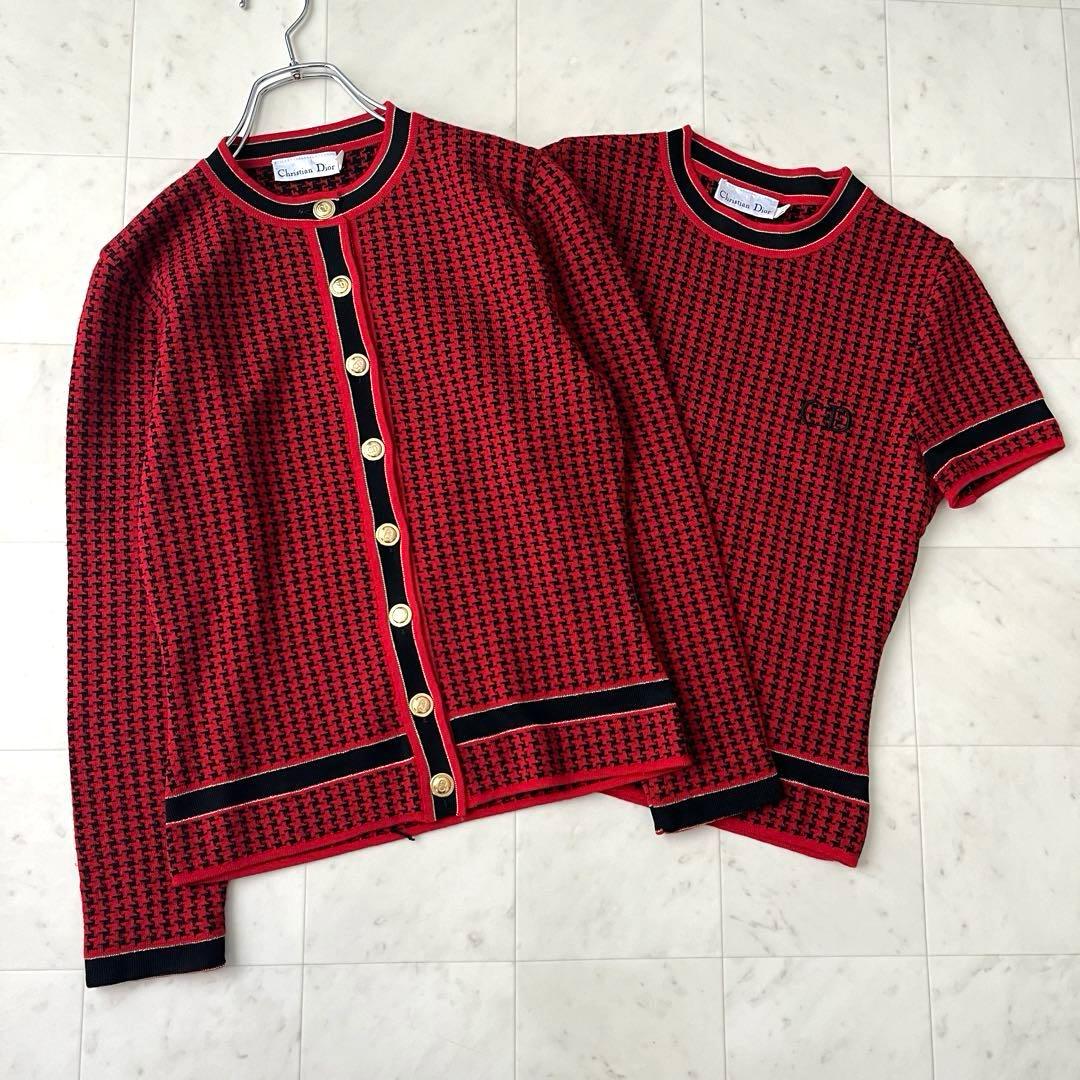 美品♡クリスチャンディオール ロゴ刺繍 千鳥格子 アンサンブル M レッド